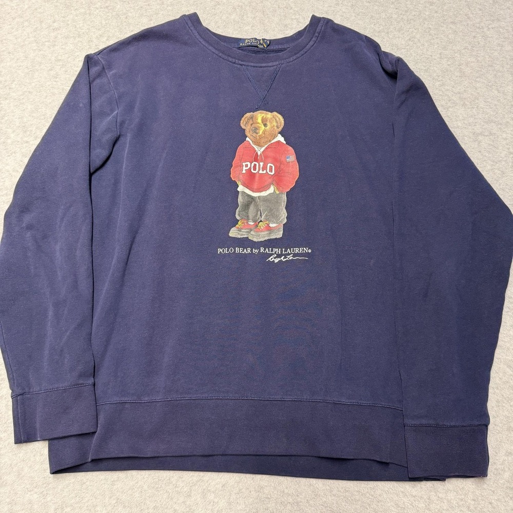Polo Ralph Lauren Sweatshirt Mens XL Blue Polo Bear Fleece Crewneck Pullover